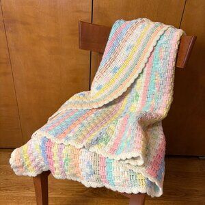 Handcrafted‎ Crochet Baby Afghan Pastel Striped Scallop 43”x46” Cottage Farm